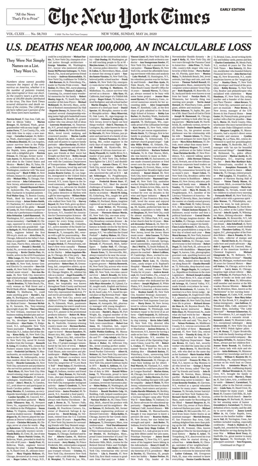 NY Times List of people who lost their lives due to the coronavirus